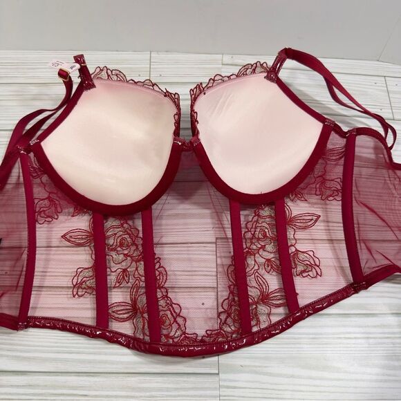 NWT VS VERY SEXY PUSH UP PLUNGE VYNIL & LACE LONGLINE CORSET TOP BRA 32D - Picture 2 of 7